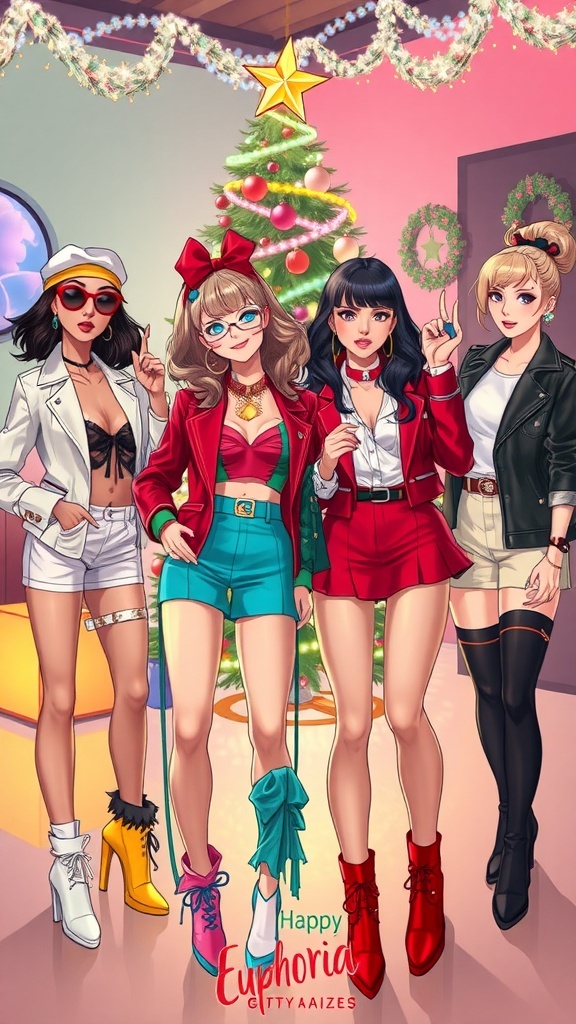 Euphoria-Inspired Christmas Party Outfits Group of friends in Euphoria-inspired Christmas party outfits with festive decorations.